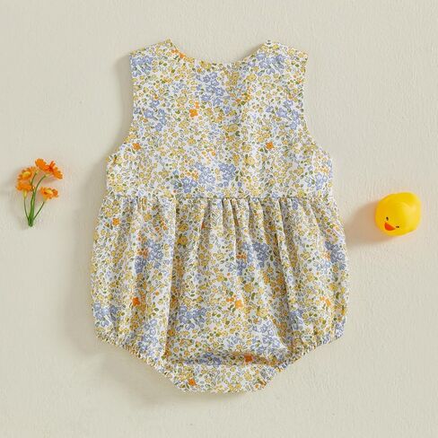 Baby Girl Floral Bubble Romper with Duck Embroidery Sleeveless Smocked Bodysuit Farm Animal Summer Outfit in Saudi Arabia