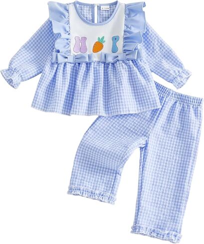 Toddler Girl Easter Outfit Embroidery Ruffle Long Sleeve Tunic Dress Top Plaid Wide Leg Pants 2 Piece Clothes in Kuwait