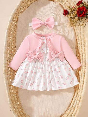 Baby Girl Pink Floral Dress Long Sleeve Faux Cardigan Outfit Headband Set 2Pcs Spring Infant Clothes in Kuwait
