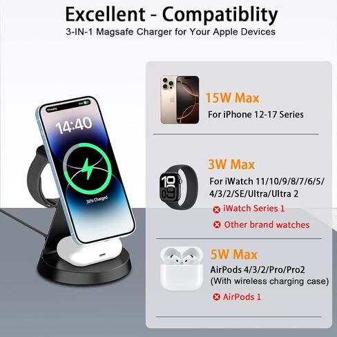 3 in 1 Wireless Charging Station for Apple Magsafe Charger Stand,Fast Magnetic Wireless Charger Station for iPhone 17 Air 16 15 14 13 12 Series,Airpods,Apple Watch in Saudi Arabia