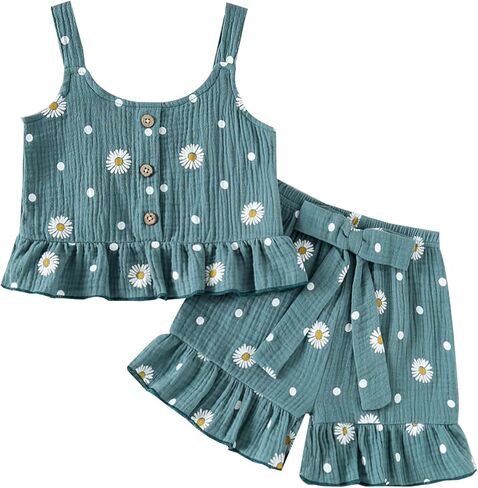 Toddler Baby Girl Summer Clothes Daisy Sleeveless Ruffled Tops and Shorts Outfits 6 Months-3T Girl Short Set in Kuwait