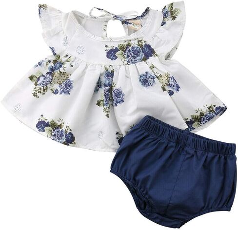 Newborn Baby Girl Summer Clothes Ruffle Sleeve Floral Tops + Short Bloomers Infant 2Pcs Outfit in Kuwait