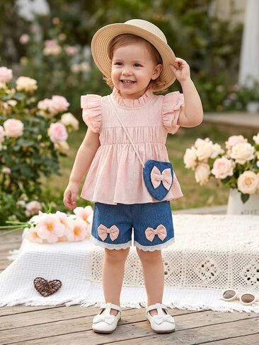 Baby Girl Clothes Set Flutter Sleeve Smocked Top with Soft Faux Denim Shorts Heart Bag Toddler Summer 3Pcs Outfits 6M-3T in Kuwait