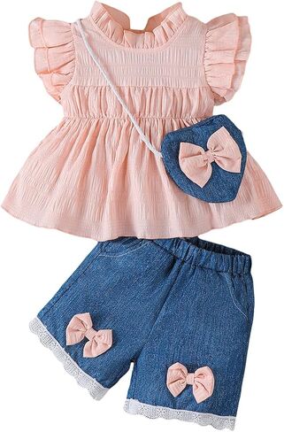Baby Girl Clothes Set Flutter Sleeve Smocked Top with Soft Faux Denim Shorts Heart Bag Toddler Summer 3Pcs Outfits 6M-3T in Kuwait