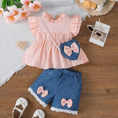 Baby Girl Clothes Set Flutter Sleeve Smocked Top with Soft Faux Denim Shorts Heart Bag Toddler Summer 3Pcs Outfits 6M-3T in Kuwait