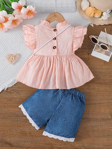 Baby Girl Clothes Set Flutter Sleeve Smocked Top with Soft Faux Denim Shorts Heart Bag Toddler Summer 3Pcs Outfits 6M-3T in Kuwait