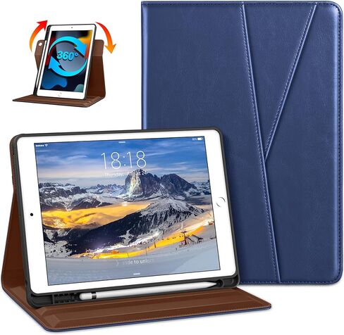 DTTO Rotating Case for iPad 9th/8th/7th Generation 10.2 Inch 2021/2020/2019, 360 Degree Swiveling Premium Leather Folio Stand Cover with Pencil Holder - Auto Wake/Sleep and Hand Strap, New Navy Blue in Saudi Arabia