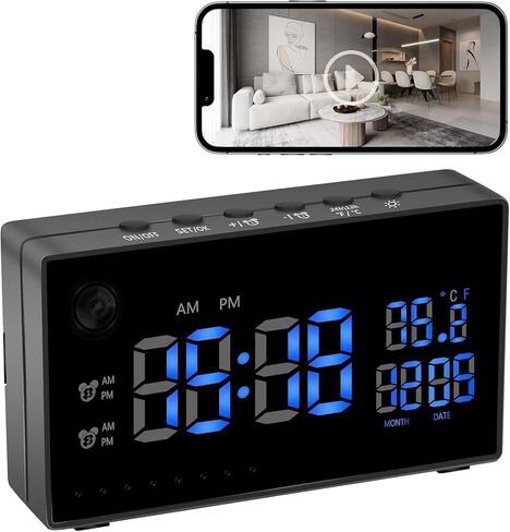 Hidden Camera Clock 1080P WiFi Alarm Clock Indoor Home Security Spy Cam with Motion Detection/Night Vision/120°Wide Angle, Wireless Spy Camera Nanny Cam for Home/Indoor Surveillance No Audio in Kuwait