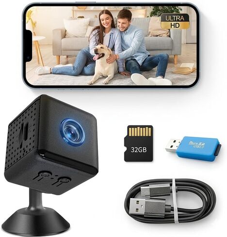Mini Camera WiFi Security Camera Wireless Indoor Outdoor, 1080P HD Rechargeable Battery Powered Surveillance Camera with Night Vision, 32GB SD Card & Reader Included, Smart Motion Detection in Kuwait