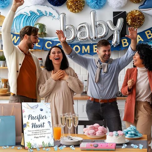 لافتة لعبة استحمام الطفل Pacifier Hunt، مجموعة اللهايات ذات طابع حيوانات المحيط، مجموعة ألعاب صيد الأطفال، بما في ذلك علامة الصيد واللهايات من أجل ديكور حفل استقبال الأطفال الرضع -3 in Kuwait
