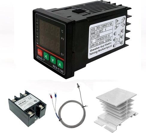 وحدة التحكم في درجة الحرارة PID، صندوق التحكم في درجة الحرارة REX-C100 بشاشة رقمية مع مرحل الحالة الصلبة SSR 40DA وK مسبار مزدوج حراري، عالمي 100-240 فولت (PID+40DA SSR+مشتت الحرارة+مستشعر K) in Kuwait