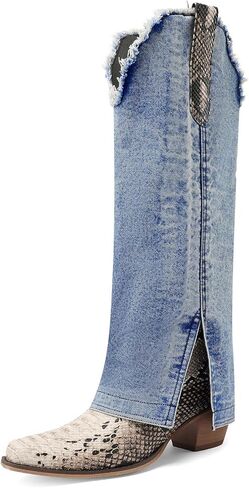 Betastella Womens Denim Knee High Cowboy Boots Snakeskin Cowgirl Boots Fold Over Chunky Heel Pointed Toe Western Boot in Saudi Arabia