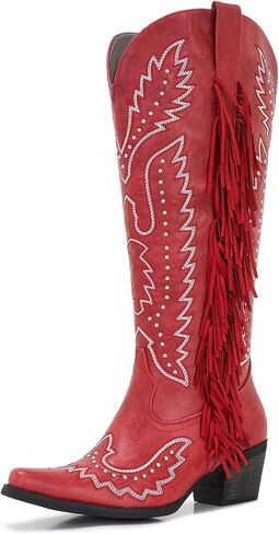 Women’s Wide Calf Western Cowboy Boots Fringe Studded Cowgirl Boots Plus Size Knee High Low Heel Square Toe in Saudi Arabia