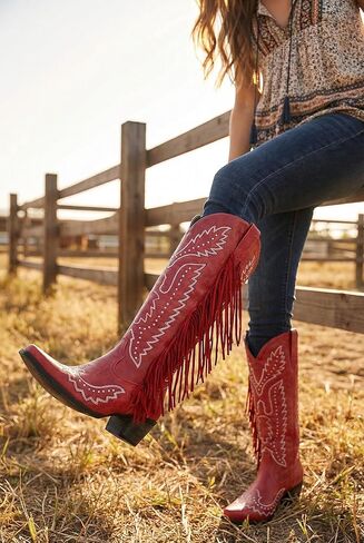 Women’s Wide Calf Western Cowboy Boots Fringe Studded Cowgirl Boots Plus Size Knee High Low Heel Square Toe in Saudi Arabia