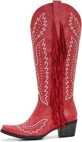Women’s Wide Calf Western Cowboy Boots Fringe Studded Cowgirl Boots Plus Size Knee High Low Heel Square Toe in Saudi Arabia