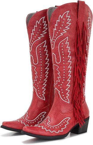Women’s Wide Calf Western Cowboy Boots Fringe Studded Cowgirl Boots Plus Size Knee High Low Heel Square Toe in Saudi Arabia