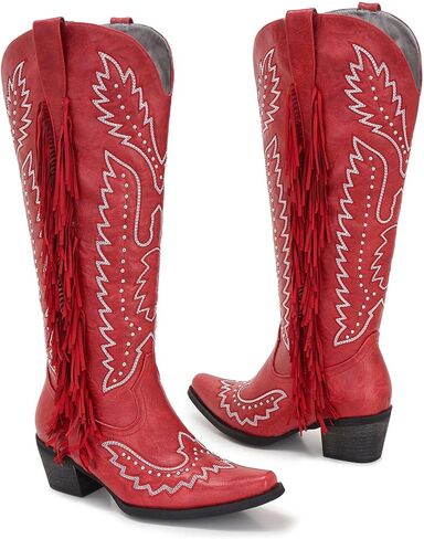 Women’s Wide Calf Western Cowboy Boots Fringe Studded Cowgirl Boots Plus Size Knee High Low Heel Square Toe in Saudi Arabia