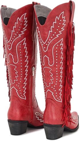 Women’s Wide Calf Western Cowboy Boots Fringe Studded Cowgirl Boots Plus Size Knee High Low Heel Square Toe in Saudi Arabia