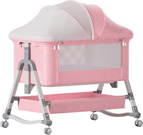 Jaoul 4 in 1 Baby Bassinet Bedside Sleeper Baby Crib, Adjustable Cosleeper for Baby, Easy Folding Portable Baby Bed Rocking Bassinets with Comfy Mattress Mosquito Net Storage for Infant Newborn Pink in Kuwait