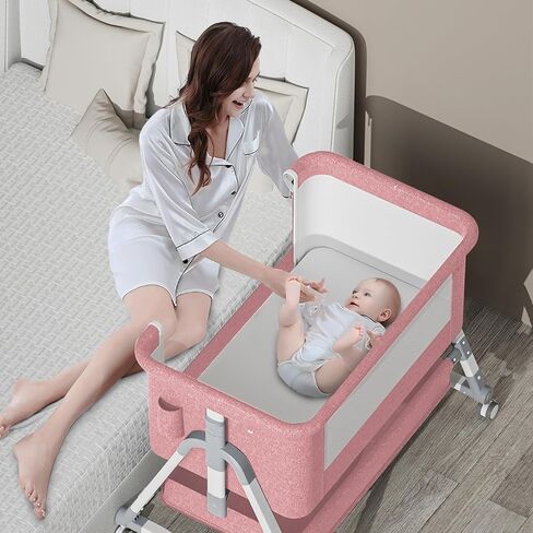 Jaoul 4 in 1 Baby Bassinet Bedside Sleeper Baby Crib, Adjustable Cosleeper for Baby, Easy Folding Portable Baby Bed Rocking Bassinets with Comfy Mattress Mosquito Net Storage for Infant Newborn Pink in Kuwait