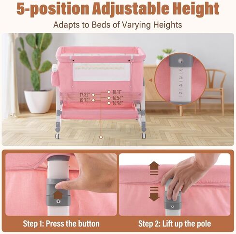 Jaoul 4 in 1 Baby Bassinet Bedside Sleeper Baby Crib, Adjustable Cosleeper for Baby, Easy Folding Portable Baby Bed Rocking Bassinets with Comfy Mattress Mosquito Net Storage for Infant Newborn Pink in Kuwait