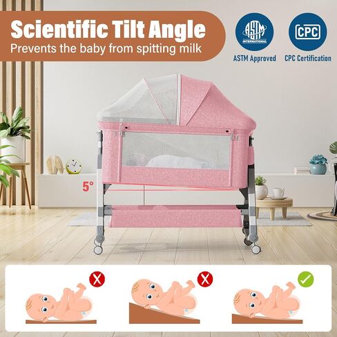 Jaoul 4 in 1 Baby Bassinet Bedside Sleeper Baby Crib, Adjustable Cosleeper for Baby, Easy Folding Portable Baby Bed Rocking Bassinets with Comfy Mattress Mosquito Net Storage for Infant Newborn Pink in Kuwait