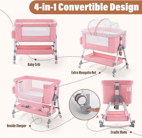 Jaoul 4 in 1 Baby Bassinet Bedside Sleeper Baby Crib, Adjustable Cosleeper for Baby, Easy Folding Portable Baby Bed Rocking Bassinets with Comfy Mattress Mosquito Net Storage for Infant Newborn Pink in Kuwait