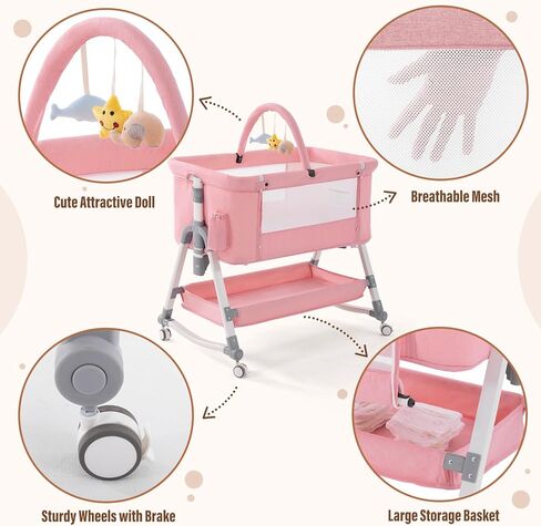 Jaoul 4 in 1 Baby Bassinet Bedside Sleeper Baby Crib, Adjustable Cosleeper for Baby, Easy Folding Portable Baby Bed Rocking Bassinets with Comfy Mattress Mosquito Net Storage for Infant Newborn Pink in Kuwait