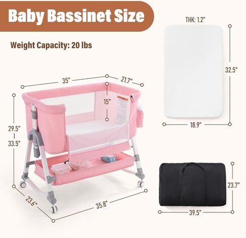 Jaoul 4 in 1 Baby Bassinet Bedside Sleeper Baby Crib, Adjustable Cosleeper for Baby, Easy Folding Portable Baby Bed Rocking Bassinets with Comfy Mattress Mosquito Net Storage for Infant Newborn Pink in Kuwait