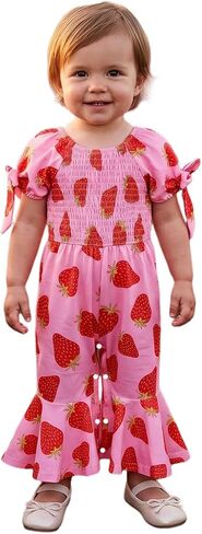 Lefyira Toddler Strawberry Outfit Baby Girl Bell Bottoms Romper Smocked Jumpsuit Short Sleeve Flare Overalls Summer Clothes in Kuwait