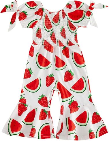 Lefyira Toddler Strawberry Outfit Baby Girl Bell Bottoms Romper Smocked Jumpsuit Short Sleeve Flare Overalls Summer Clothes in Saudi Arabia