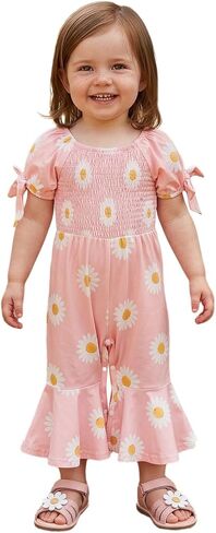 Lefyira Toddler Strawberry Outfit Baby Girl Bell Bottoms Romper Smocked Jumpsuit Short Sleeve Flare Overalls Summer Clothes in Saudi Arabia