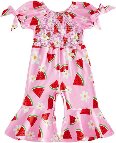 Lefyira Toddler Strawberry Outfit Baby Girl Bell Bottoms Romper Smocked Jumpsuit Short Sleeve Flare Overalls Summer Clothes in Saudi Arabia