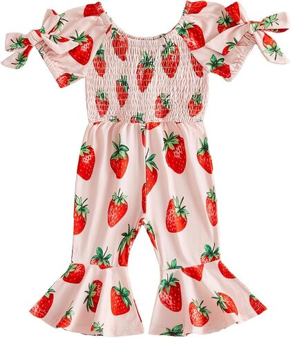 Lefyira Toddler Strawberry Outfit Baby Girl Bell Bottoms Romper Smocked Jumpsuit Short Sleeve Flare Overalls Summer Clothes in Saudi Arabia