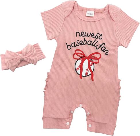 Baby Girl Baseball Fan Outfit Short Sleeve Romper with Bow Headband Set Infant Cute Baseball Pink Clothes Newborn in Saudi Arabia