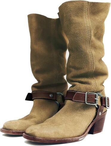Arqa Women's Double Buckle Cowboy Boots Squared Toe Pull on Knee High Boots Fashionable Stacked Chunky Heels Booties in Kuwait