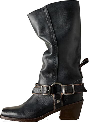 Arqa Women's Double Buckle Cowboy Boots Squared Toe Pull on Knee High Boots Fashionable Stacked Chunky Heels Booties in Kuwait