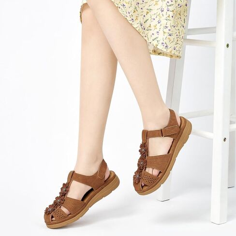 Women's Flat Sandals Dressy: Comfortable Ankle Strap Closed Toe Summer Flower Flats Sandal Casual Fisherman Outdoor Walking Shoes in Kuwait