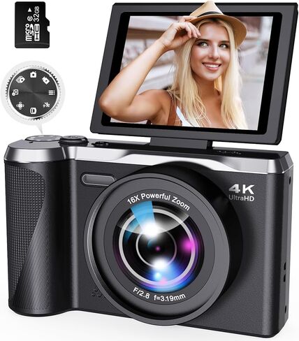 كاميرا رقمية بدقة 4K للتصوير الفوتوغرافي، وكاميرا تسجيل فيديو بتركيز تلقائي بدقة 56 ميجابكسل مع شاشة قلاب 3 بوصات بزاوية 180 درجة، وكاميرا سفر مدمجة بتكبير 16X للمبتدئين والمراهقين مع بطاقة SD سعة 32 جيجابايت متضمنة in Kuwait