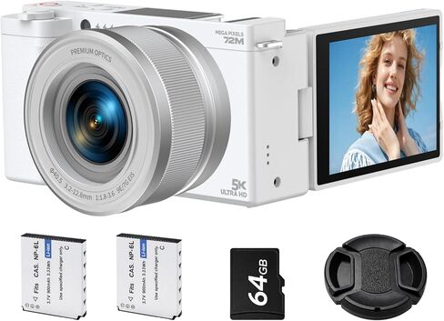 5K Digital Camera for Photography, 72MP Autofocus Vlogging Camera with 6X Optical Zoom, 2.8" 180° Flip Screen Video Camera for YouTube with Anti-Shake, 64GB SD Card, 2 Batteries in Saudi Arabia