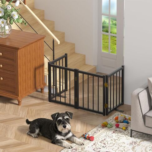 Snuowu 16" Freestanding Short Dog Gate for Small Dogs – Foldable & Retractable, Expands Up to 48" Wide, 4-Panel Pet Barrier for Doorways, Stairs & Hallways (Black) in Kuwait