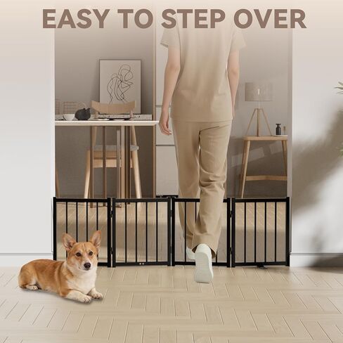 Snuowu 16" Freestanding Short Dog Gate for Small Dogs – Foldable & Retractable, Expands Up to 48" Wide, 4-Panel Pet Barrier for Doorways, Stairs & Hallways (Black) in Kuwait