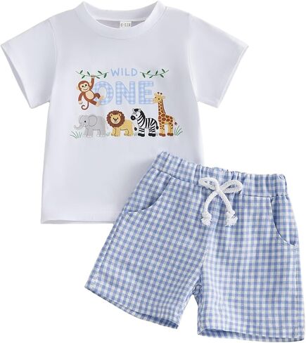 Baby Boy 1st Birthday Outfit Wild One Safari Zoo Jungle Animal Short Sleeve T Shirt Top Plaid Shorts Set in Kuwait