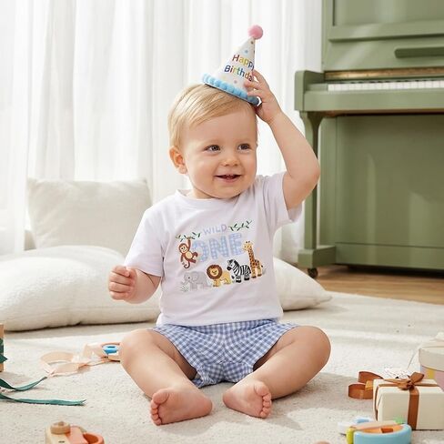 Baby Boy 1st Birthday Outfit Wild One Safari Zoo Jungle Animal Short Sleeve T Shirt Top Plaid Shorts Set in Kuwait