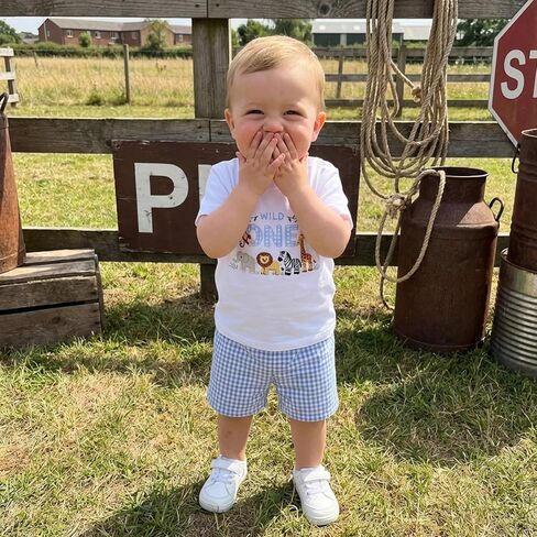 Baby Boy 1st Birthday Outfit Wild One Safari Zoo Jungle Animal Short Sleeve T Shirt Top Plaid Shorts Set in Kuwait