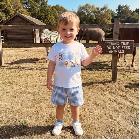 Baby Boy 1st Birthday Outfit Wild One Safari Zoo Jungle Animal Short Sleeve T Shirt Top Plaid Shorts Set in Kuwait