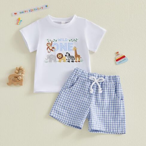 Baby Boy 1st Birthday Outfit Wild One Safari Zoo Jungle Animal Short Sleeve T Shirt Top Plaid Shorts Set in Kuwait