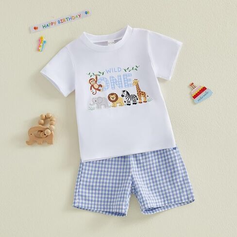 Baby Boy 1st Birthday Outfit Wild One Safari Zoo Jungle Animal Short Sleeve T Shirt Top Plaid Shorts Set in Kuwait