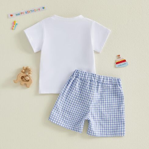 Baby Boy 1st Birthday Outfit Wild One Safari Zoo Jungle Animal Short Sleeve T Shirt Top Plaid Shorts Set in Kuwait