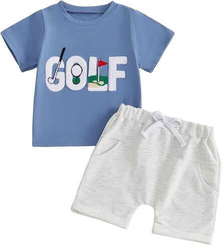 Summer Toddler Baby Boy Clothes Flagstick Golf Embroidery Short Sleeve T-Shirt and Solid Shorts Set Golf Outfits in Kuwait